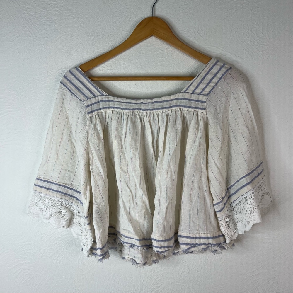 Free People See Saw Boho Peasant Top Lace Trim Cream Metallic Size S Small - Picture 8 of 10